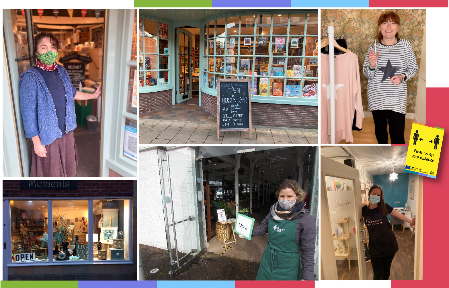 Town Centre Businesses welcome you back. Photos of local business owners with Facemasks, letting us know their business is open and a safe place to be.