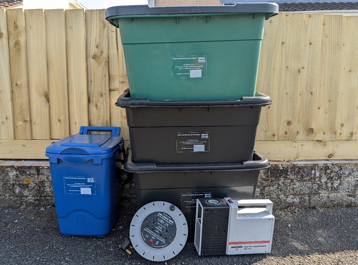 Small electricals shown with recycling boxes