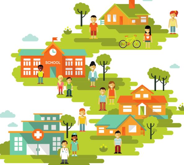 graphic of a map of cartoon style school, hospital and people