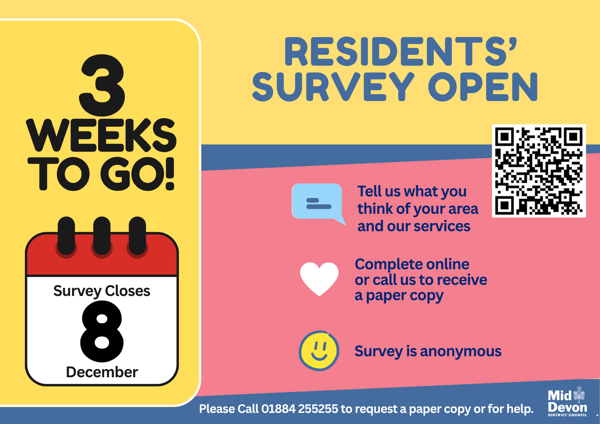 yellow and pink graphic with QR code 