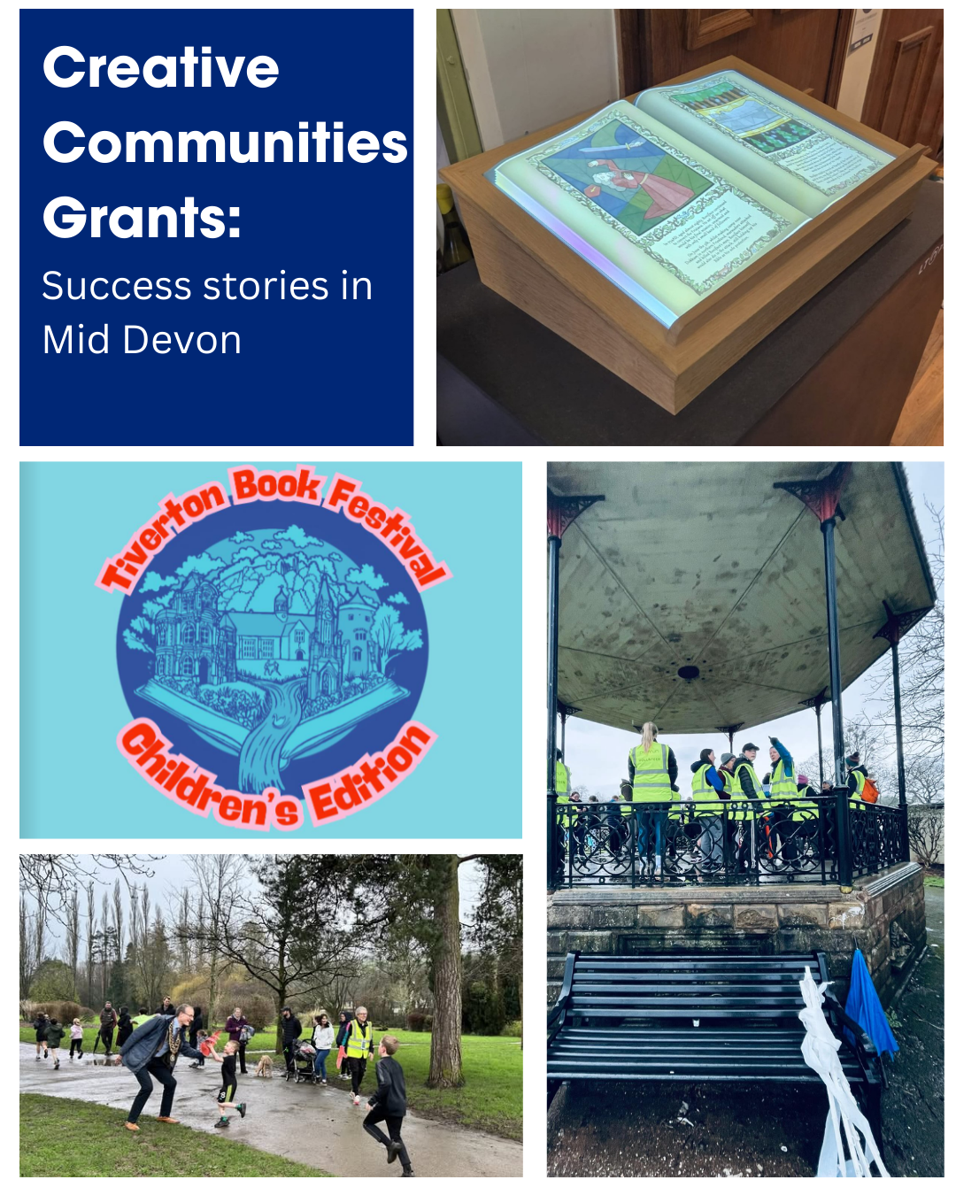 Collage photo of park run event and Tiverton Book Festival logo 